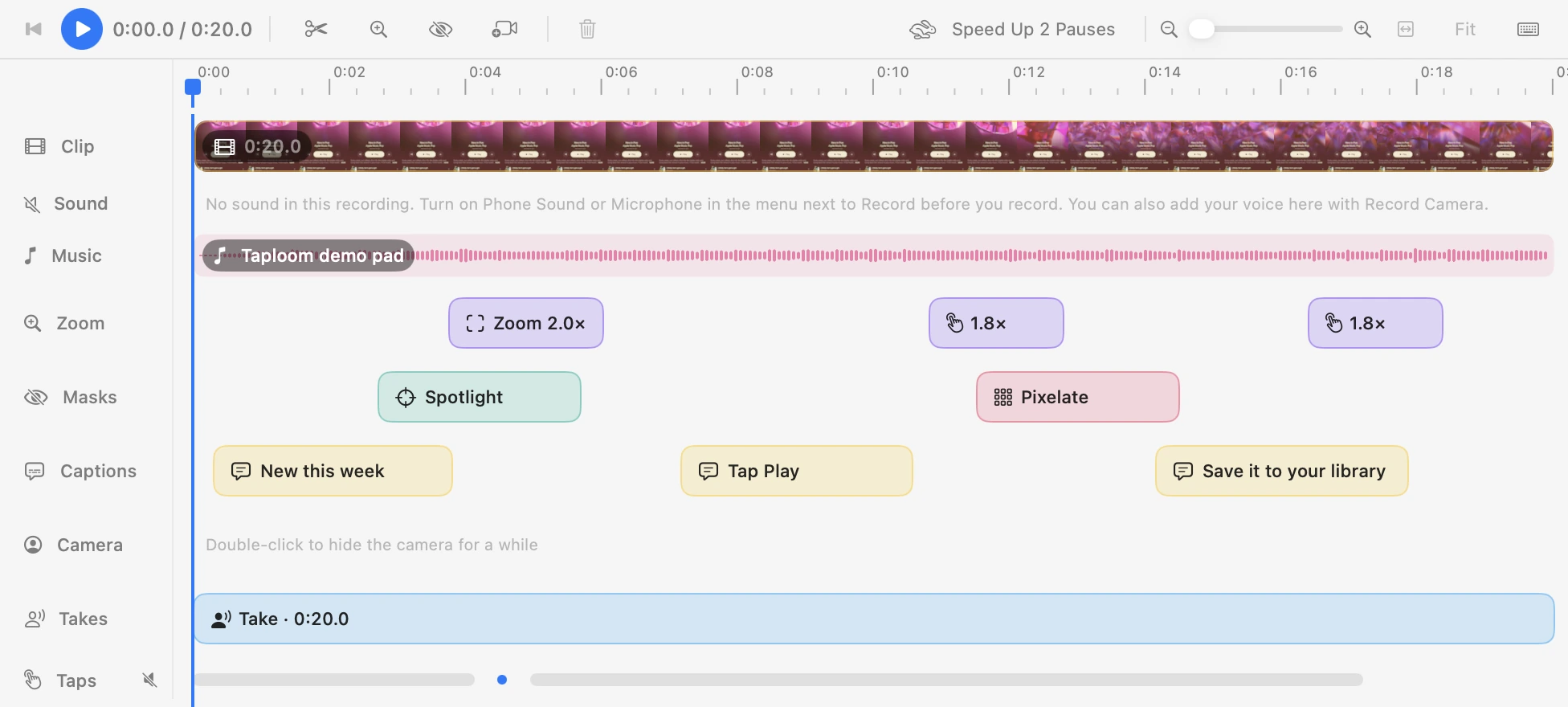 Taploom editor timeline with clip, music, zoom, mask and caption tracks