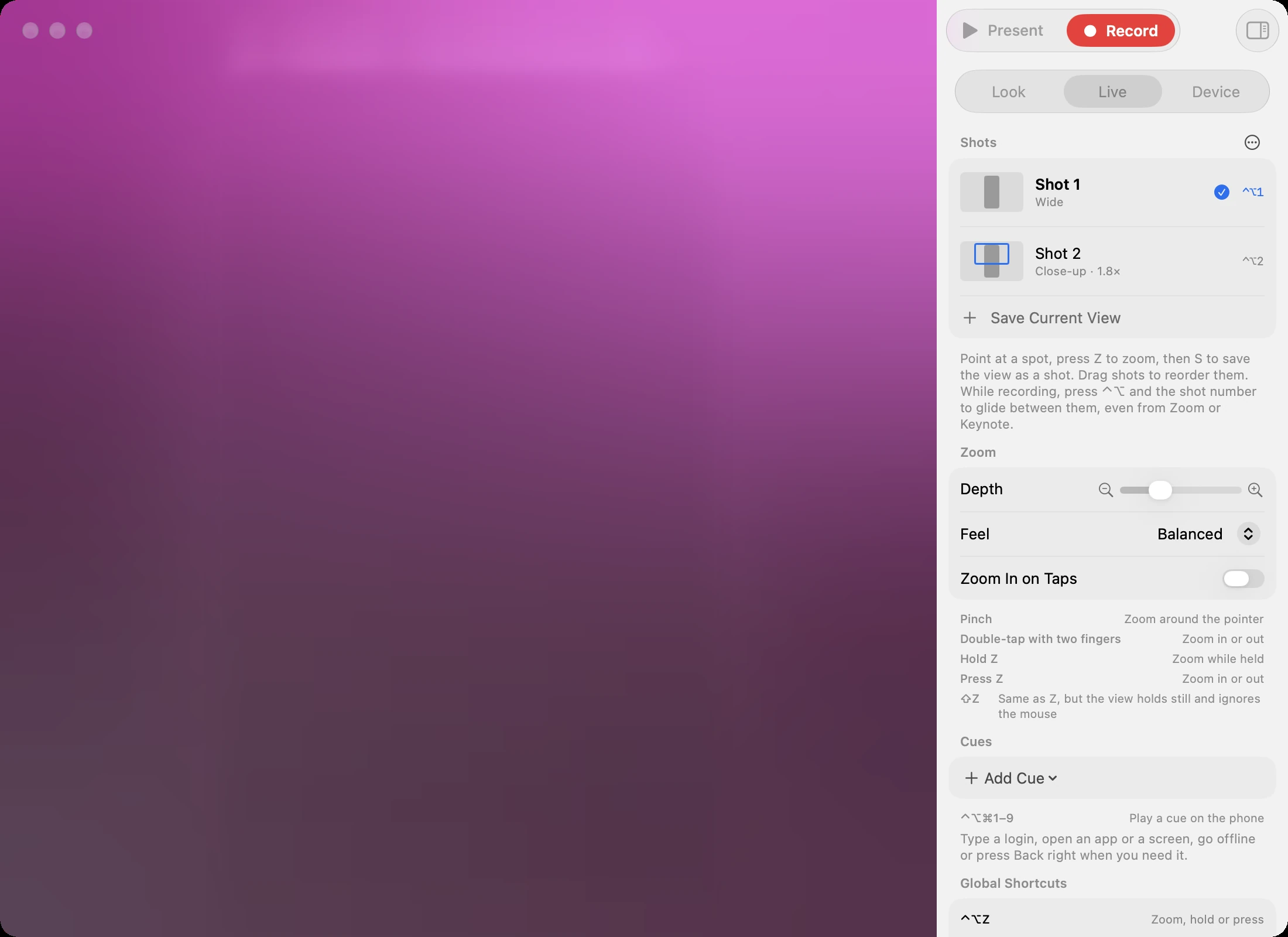 The Taploom window in light mode: a phone on a pink stage, with zoom settings in the Live inspector